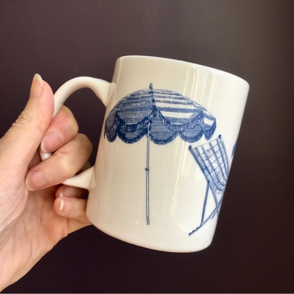 Set/2 Coastal Beach Chair Scene Coffee Mugs, White, Blue, 11 oz